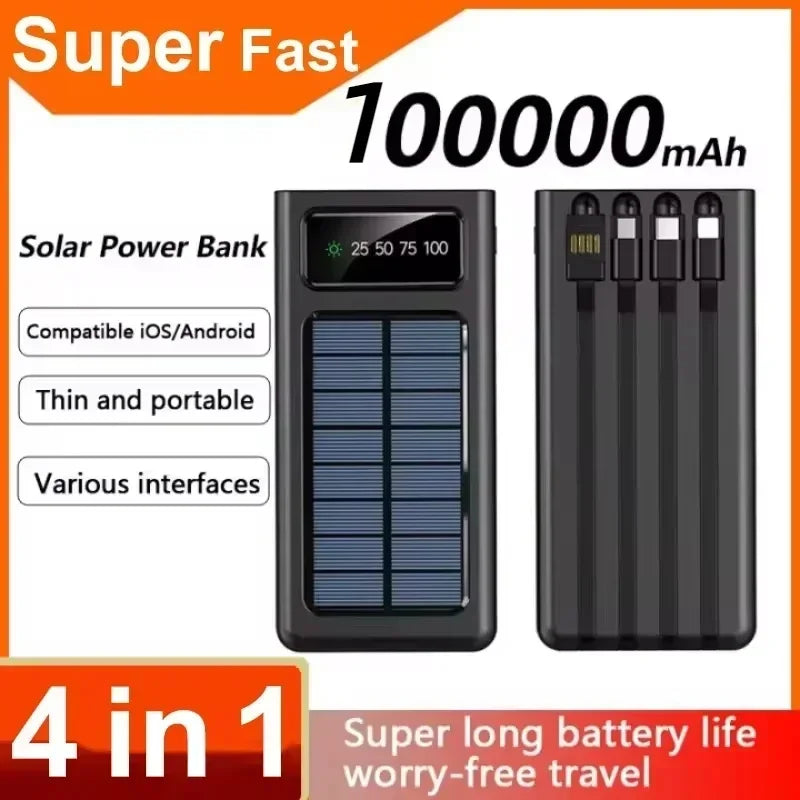 Power Bank Solar Capacity USB 4 in1 Super Fast Charging USB TypeC LED Light Outdoor Power Bank For Xiaomi iPhone