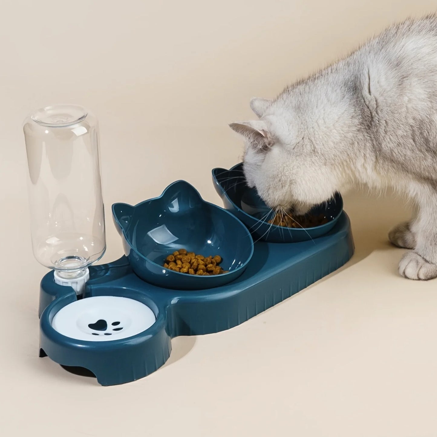 Conjunto de Cuencos 3 en 1 para Gato con Diseño de Orejas Inclinadas y Botella de Agua por Gravedad para Protección del Cuello - Cuencos con Dispensador de Agua
3-In-1 Cat Bowl Set with Tilted Ear Design and Gravity Water