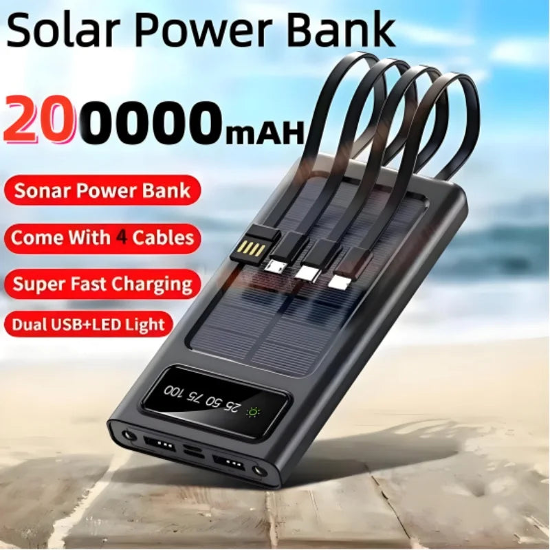 Power Bank Solar Capacity USB 4 in1 Super Fast Charging USB TypeC LED Light Outdoor Power Bank For Xiaomi iPhone